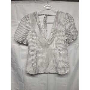 Club Monaco Coquette Puff Sleeve V  Neck Peplum Blouse Womens Med. White/Bl